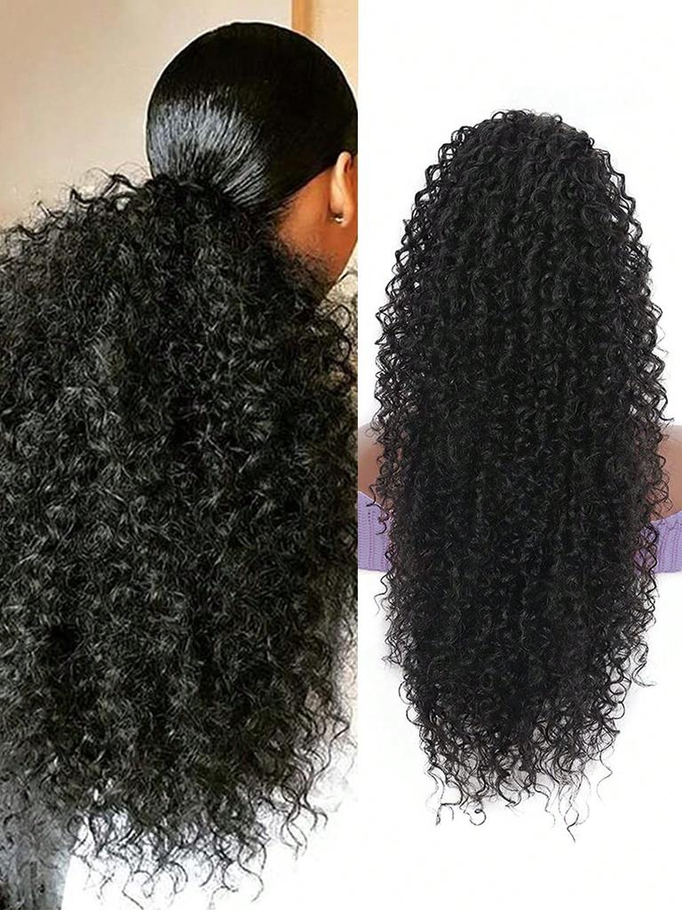 Synthetic  Wigs Black 20-inch Drawstring Ponytail Deep Curly Heat Resistant Ponytail Extension Afro Style Kinky Curly Hair Pieces for Women