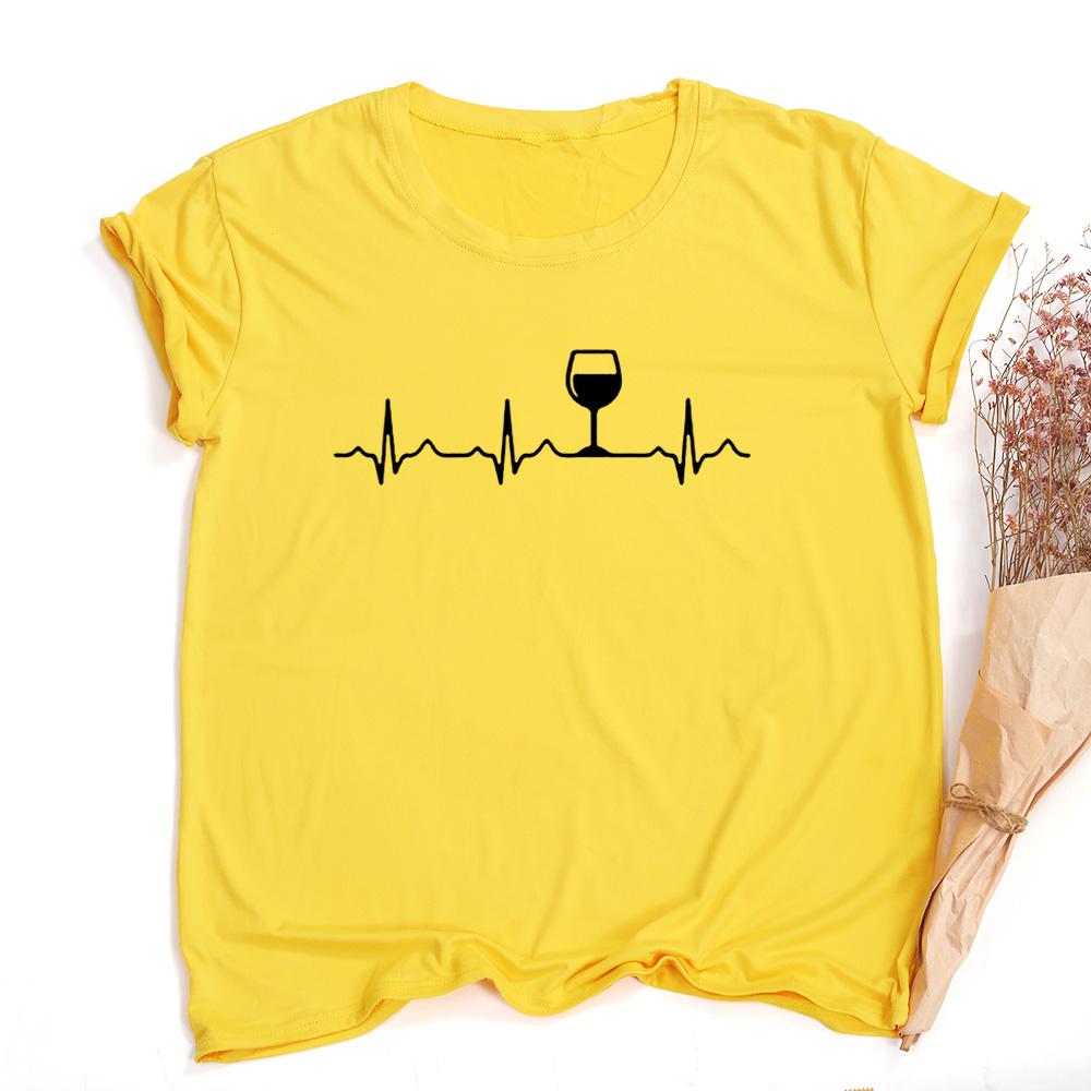 Wine Heartbeat Print T Shirt Women Short Sleeve Round Neck Summer Female Funny Tee Tops