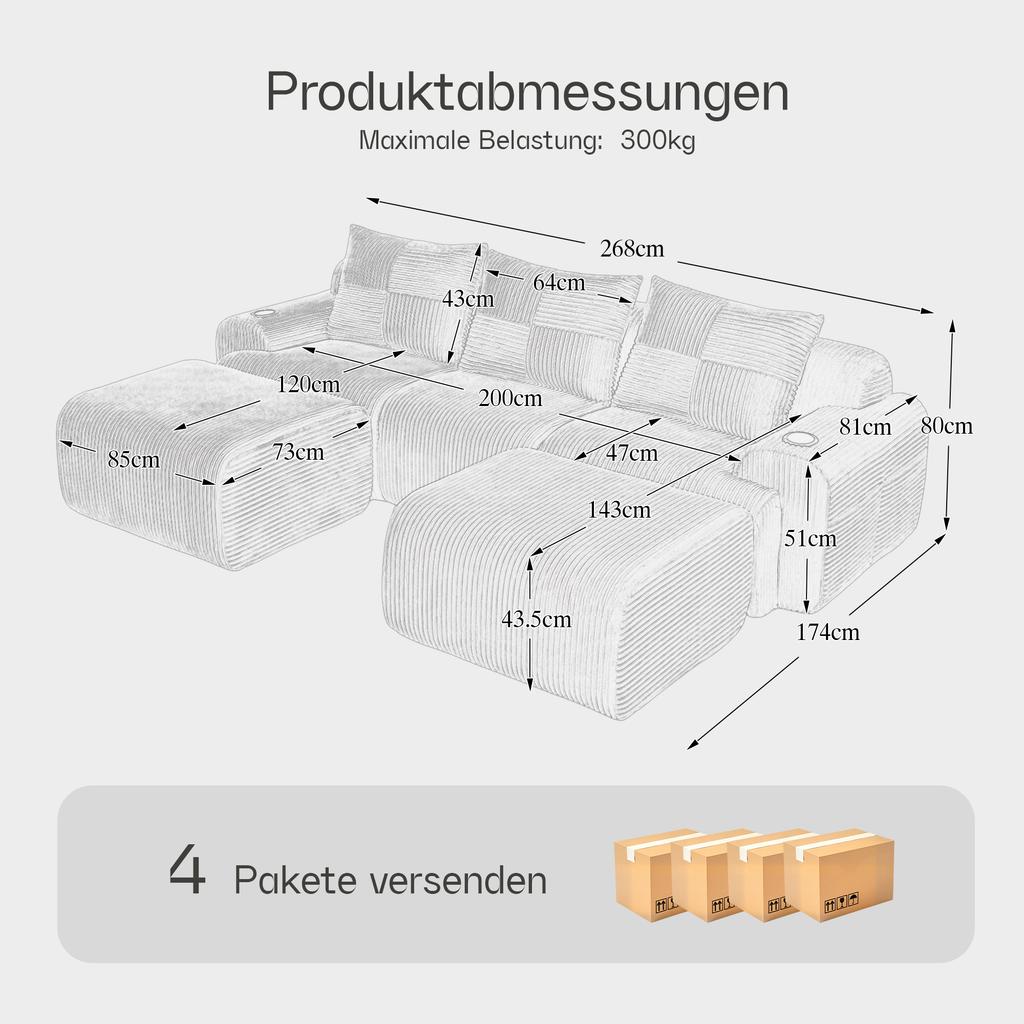 Modular Corduroy Sofa for 3 People (with 2 Stools), Freely Combinable, Including Drink Holder and Storage Pocket, Ideal for Living Room. Light Gray