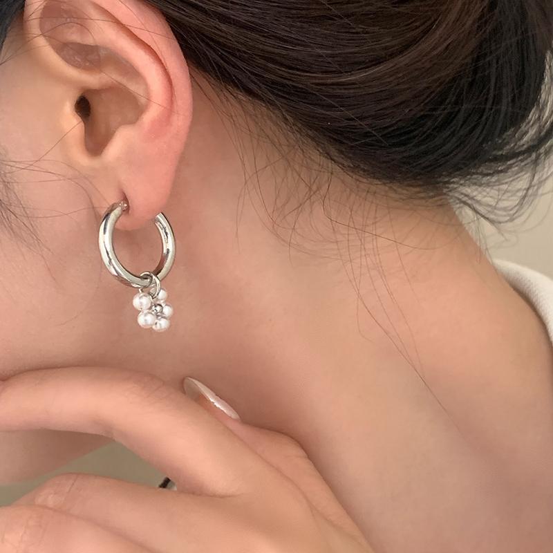 PONYKISS Sterling Silver Needle Pearl Pendant Round Hoop Earrings for Women Minimalist Trendy Fashion Accessories