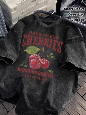 Womens Vintage Washed Cherry Graphic TShirt  Short Sleeve Cherries Design Summer Casual Top Basic Round Neck Tops
