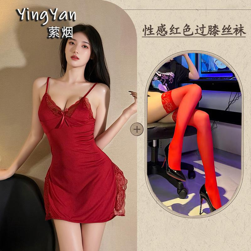 European and American erotic underwear high-end large size sexy female mood split lace suspender nightdress qqny pure desire wind