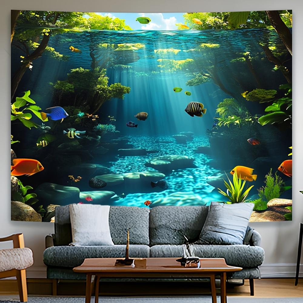 Underwater Ocean Tapestry, 3D Print with Tropical Fish, Sunlit Water & Vibrant Aquatic Plants, Blue Wall Hanging for Bedroom