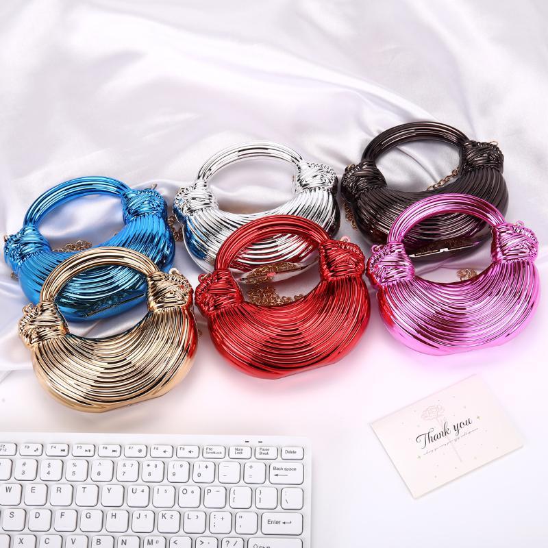 Metallic Crescent Clutch Bag Shiny Striped Design Detachable Chain Strap for Women Evening Wedding Cocktail Party