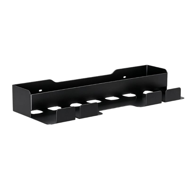 Adhesive-Mounted Hair Dryer and Curling Iron Holder with Open Wall Storage and Front Cord Retainers for Dressing Spaces