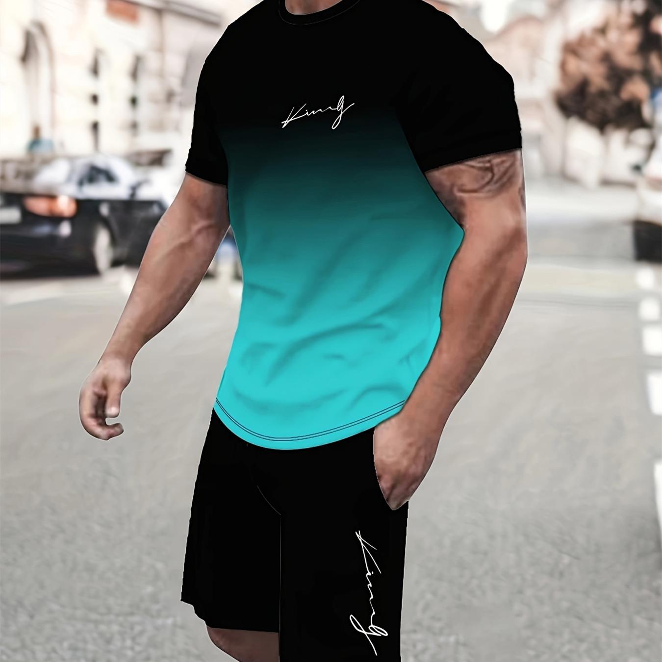 

2-piece Men s Rooster Pattern Print Summer Outfit Set, Short Sleeve Crew Neck T-shirt & Drawstring Shorts With Pockets 3XL