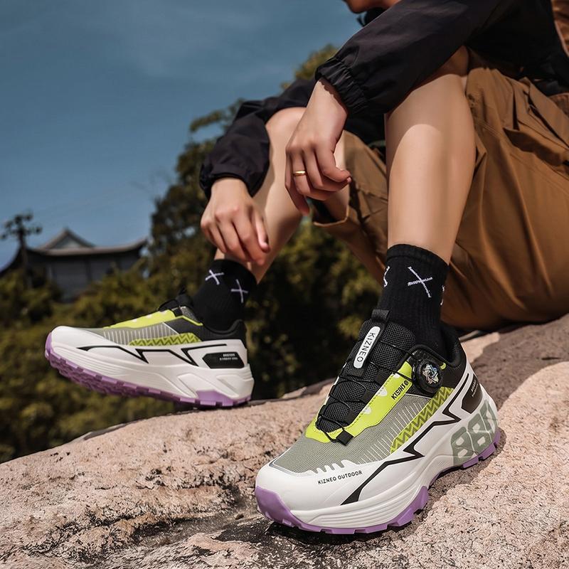 Men Rotary Buckle Hiking Sneakers Breathable Mesh Anti Slip Lug Sole Shock Absorb Outdoor Trekking Sports Shoes
