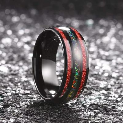 Anillos de Moda de Acero Inoxidable Negro de 8 mm para Hombre Incrustación de Nácar Colorido y Anillos de Meteorito Rojo Joyería para Fiesta de Boda para Hombre