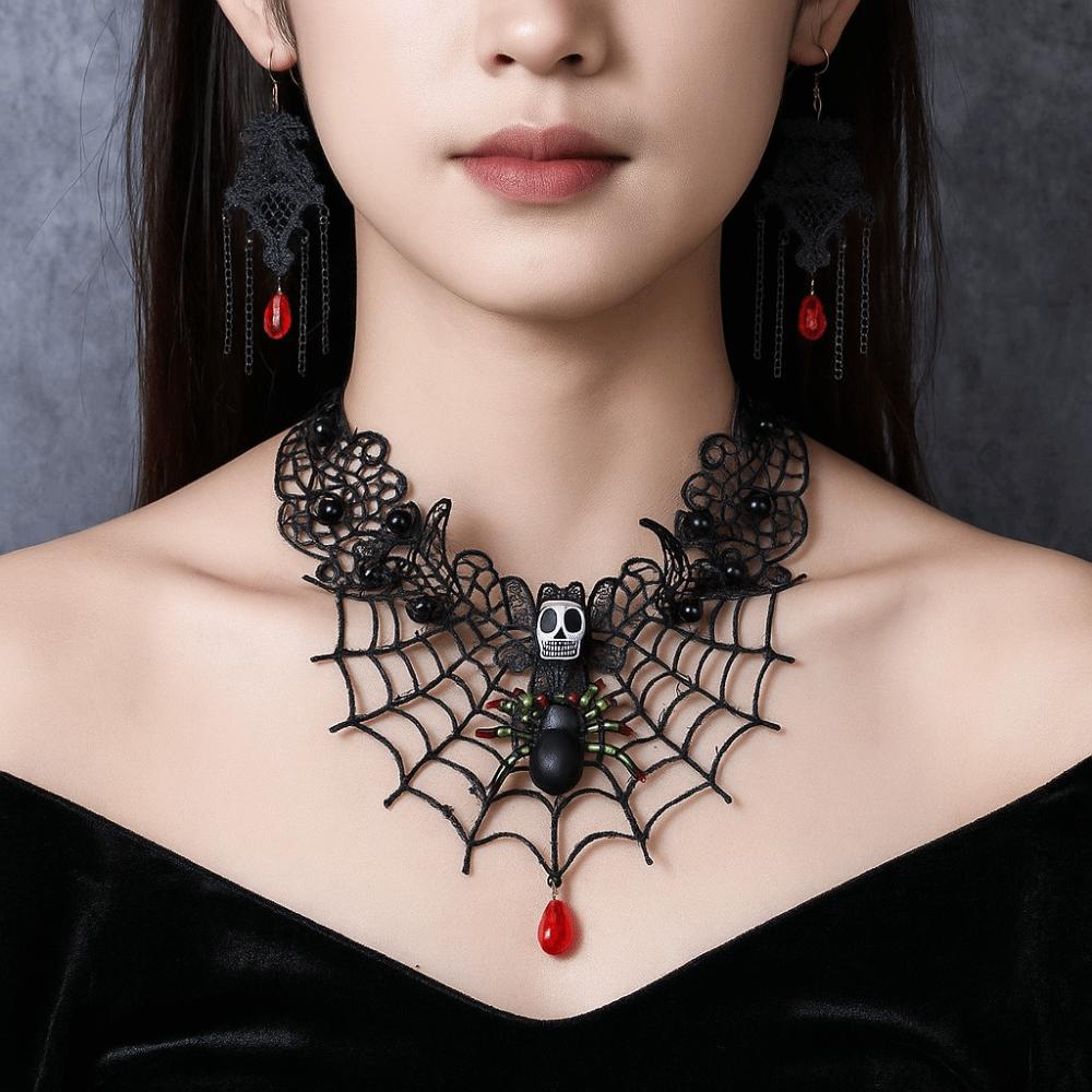 Bracelet Halloween Necklace Exaggerated Gothic Earrings Lace Flower Jewelry Set Halloween Costume
