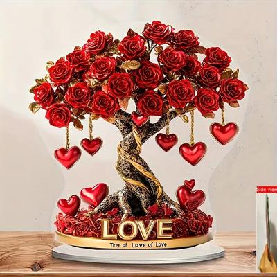 Décoration Arbre aux Roses Cœur de Cristal Acrylique Style Bohème, Convient pour les Ornements d'Halloween et de Noël avec Base Dorée et Roses Rouges