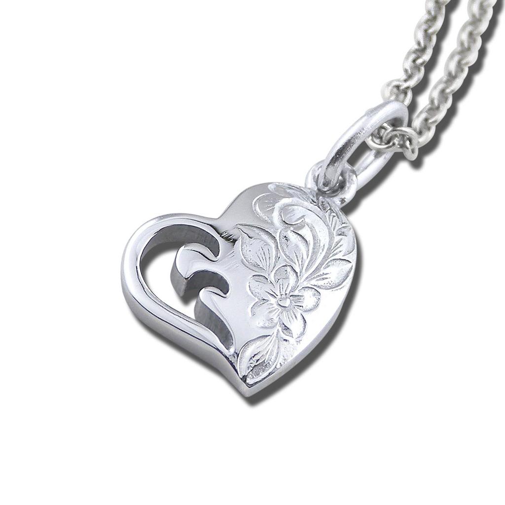 (Aloha Lokahi) Aloha Lokahi Hawaiian Jewelry Necklace, Surgical Stainless Steel, Heart Plumeria, Stainless Silver Chain (2mm Width), 40cm