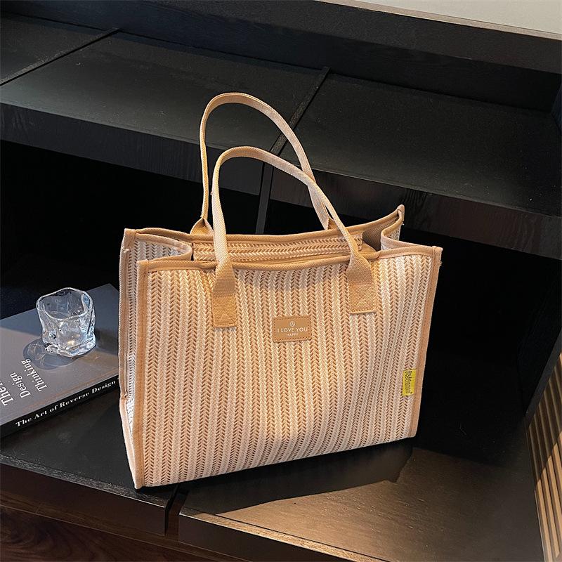 Borsa a Tote Grande in Tela Estiva 2025 da Donna - Borsa a Spalla Casual a Strisce per Studenti e Pendolari