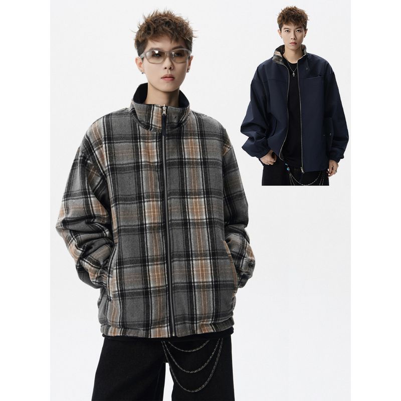 American-Style Reversible Stand-Collar Jacket for Men, Winter High-Street Versatile Loose-Fitting Workwear Plaid Coat, Trendy Brand Couple's Top