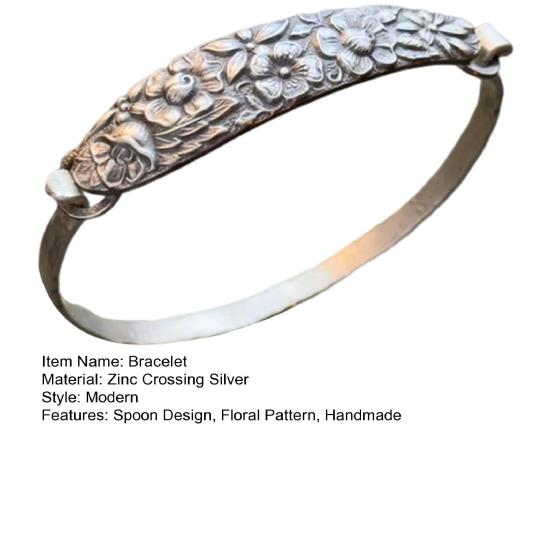 Handmade Sterling Spoon Bangle Floral Pattern Opening Bangle Boho Style Handle Cuff Jewelry Accessories