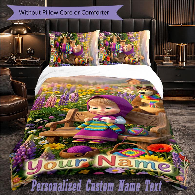 Personalized 3Pcs Bedding SetMasha and the Bear Custom Text Duvet Cover Pillowcase Set Bedroom Gift
