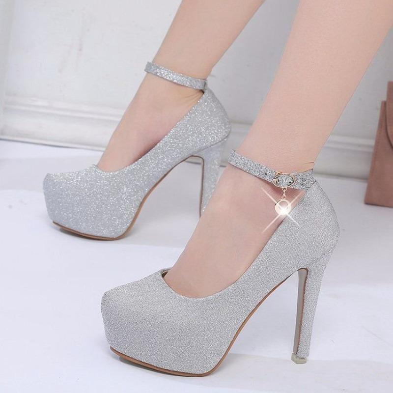 Women's Round Toe Low Cut Stiletto Heels, Strap Detail Platform Dress Shoes