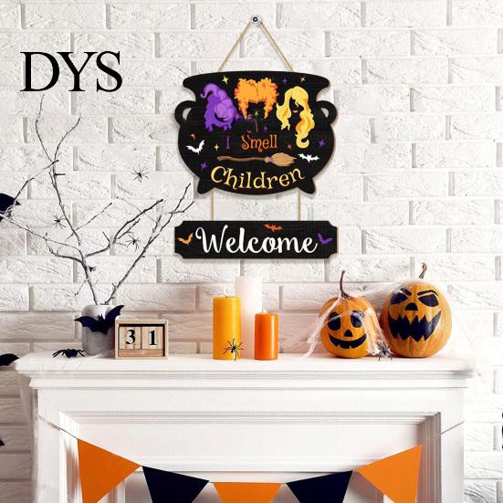Witch Cauldron Door Decor Halloween Wooden Welcome Sign for Front Door, Hanging Plaque, Festive Wall Waterproof Pendant with Hemp Rope Indoor Outdoor
