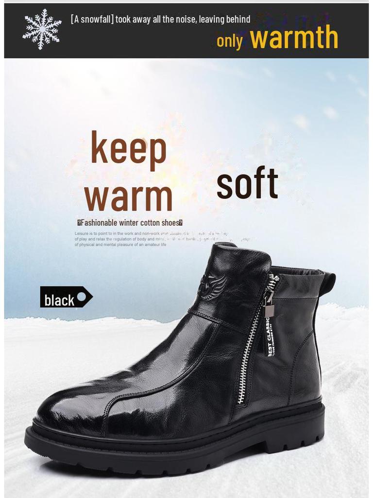 Men's Genuine Leather High Top Winter Boots - Warm Velvet-Lined Casual Martin Boots in British Style.