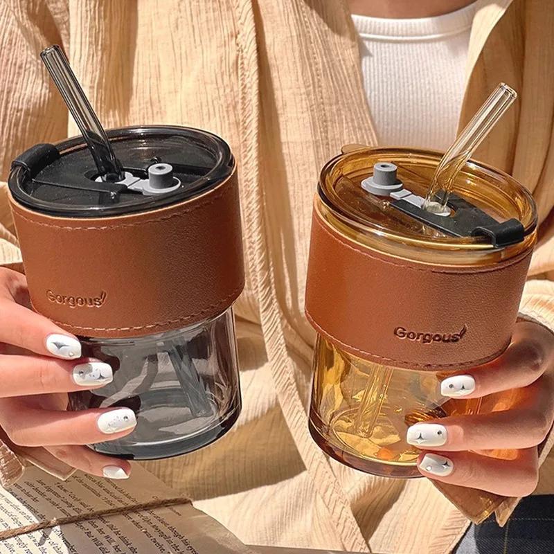 400ml with Lid Water Bottle Double Drinking Mouth with Straw New Creative Transparent Coffee Glass with Straw Coffee Mug Beer