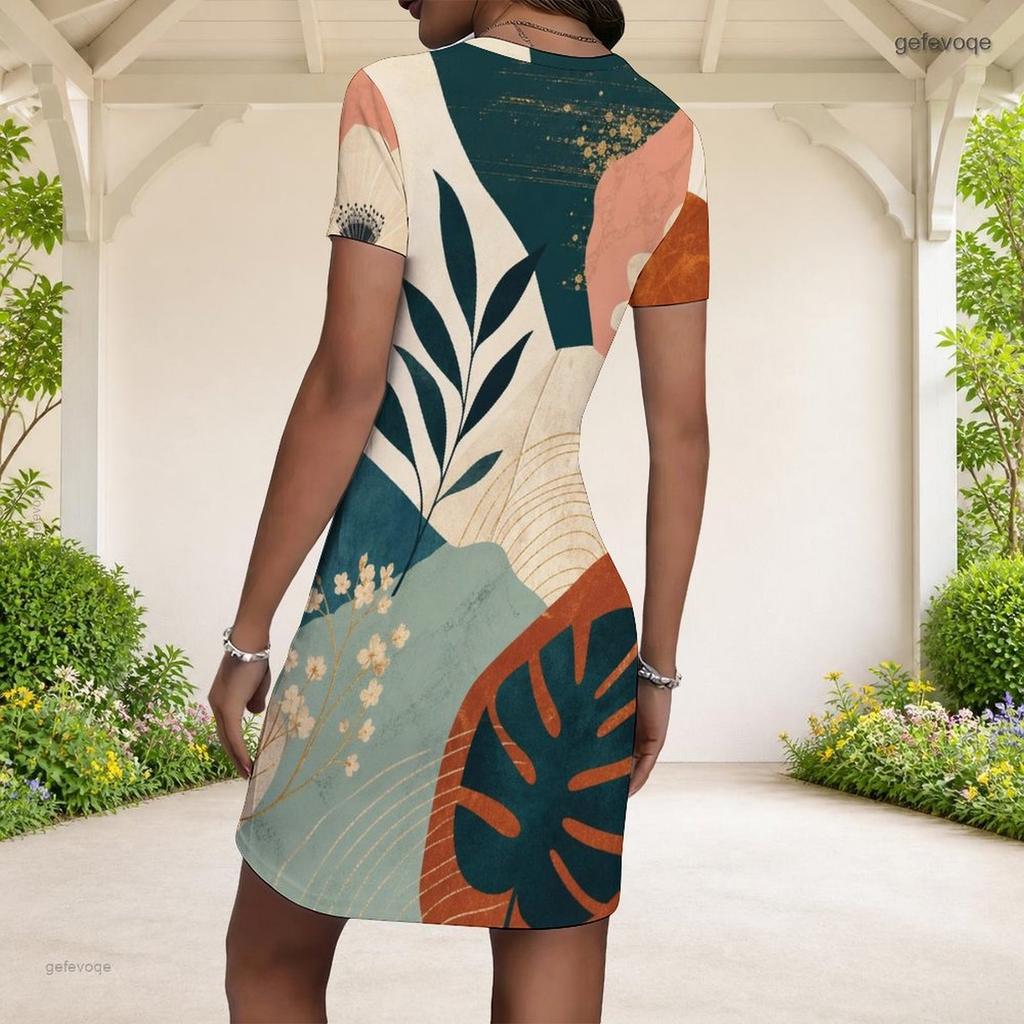 Women Plus Size Round Neck Short Sleeve Abstract Printed White Fitted Bodycon Mini Dress
