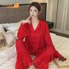 New Women's Spring and Summer Ice Silk High-end French Solid Color Sweet Pajamas Set Long Sleeves Trousers Loungewear Can Be Worn Outside