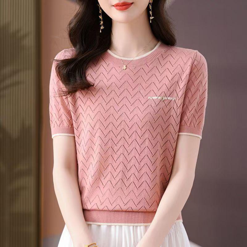 

Summer Ice Silk Short Sleeve T-shirt for Women Loose Round Neck Stylish and Thin Knitted Top S розовый