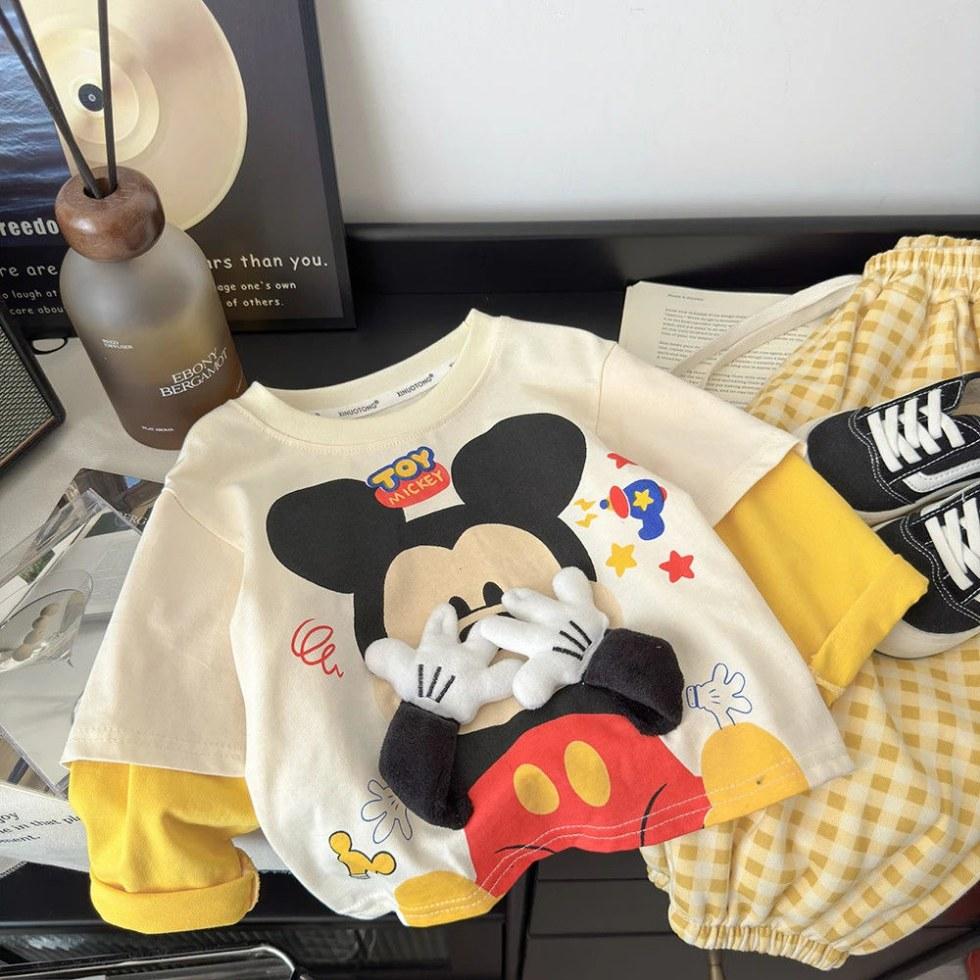 Disney Cute Children's New Fashion Cartoon Three-dimensional Mick Doll Casual and Versatile Cotton Short-Sleeved T-Shirt Top