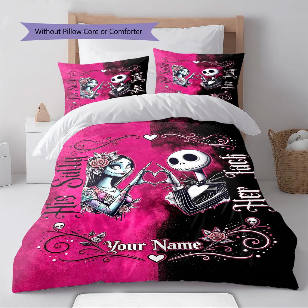 Name Individuelles Jack & Sally Muster Bettwäscheset Bettbezug Kissenbezug Heimdeko Geschenk (1 Bettbezug + 2 Kissenbezüge, ohne Füllung)