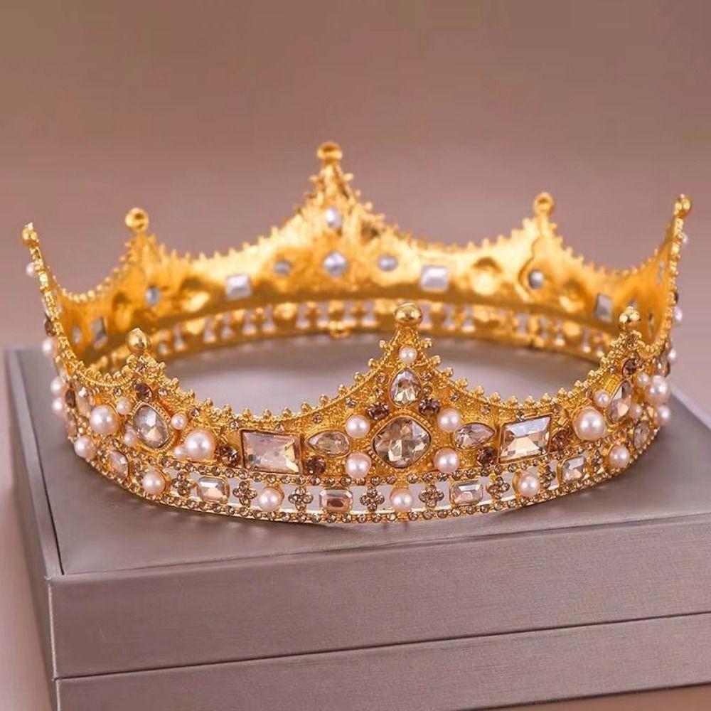 Rhinestone Bridal Tiara Crown Round Shape Wedding Hair Jewelry Vintage Baroque Crown  Costume Party