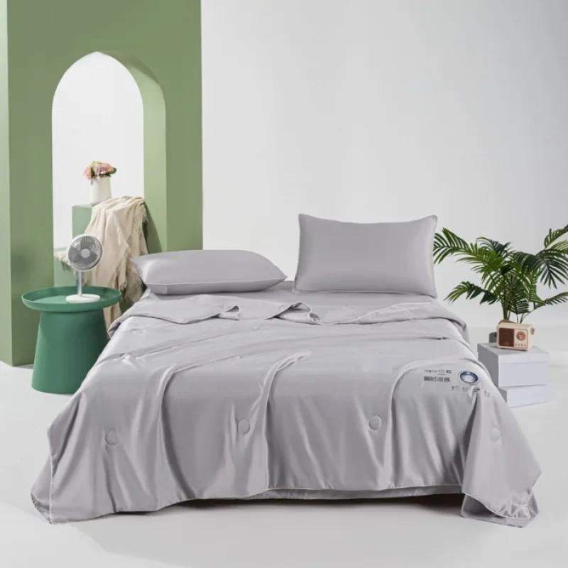 2025 new solid color heat transfer washed Tencel Xia Liang quilt double cool silk machine washable quilt 4-piece set
