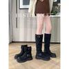 Cowhide~ Grape Ma Height Increased by 6cm Two Kinds of Tube Height Round Head Thick Heel Long Boots Women's Double Buckle Belt Medium Tube Boots Kn