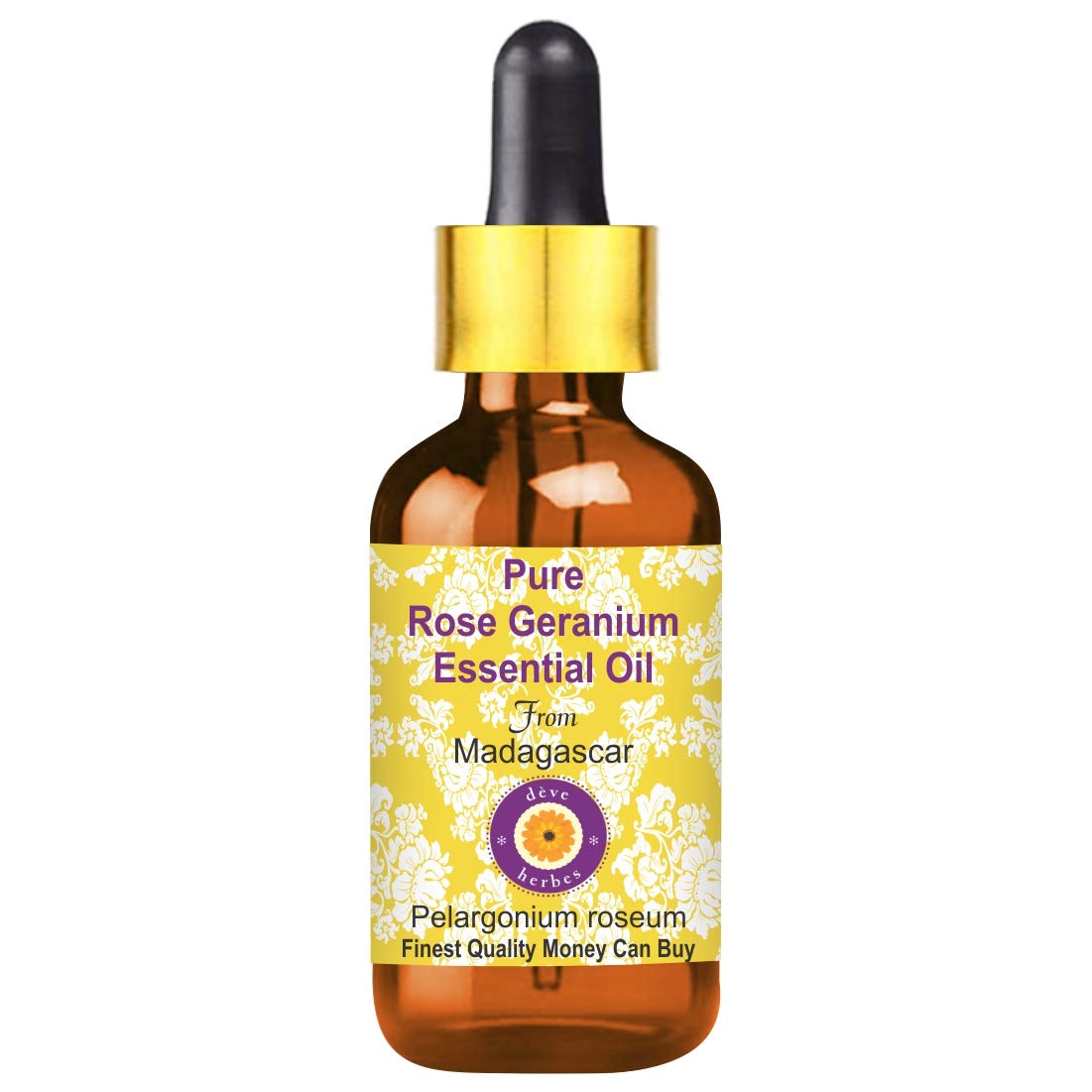 Deve Herbes Rose Geranium Essential Oil (Pelargonium roseum) with Glass Dropper Pure | Non-Sticky | Non-greasy | Lightweight | Men & Women |