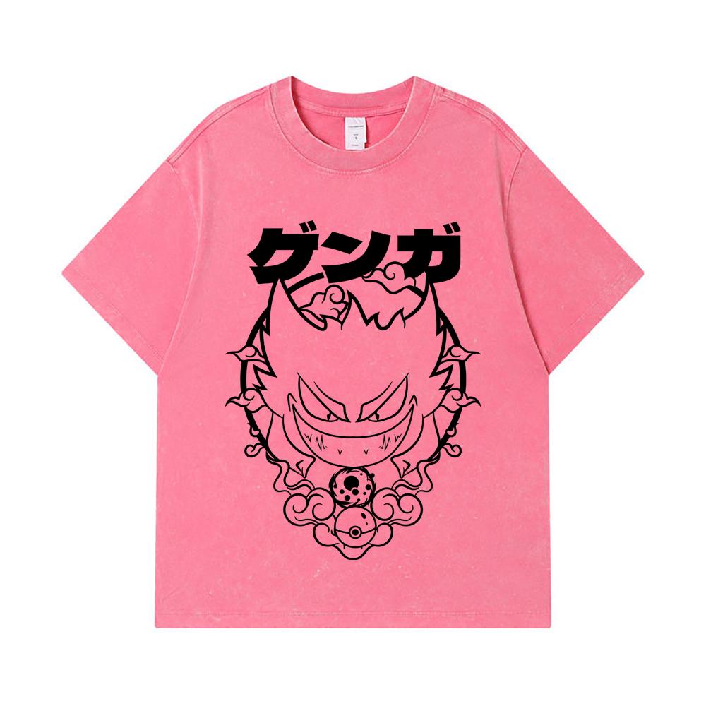 275 GSM Washed T-shirts 100% Cotton Pokemon V10 Gengar Print Unisex Heavy Cotton T Shirt