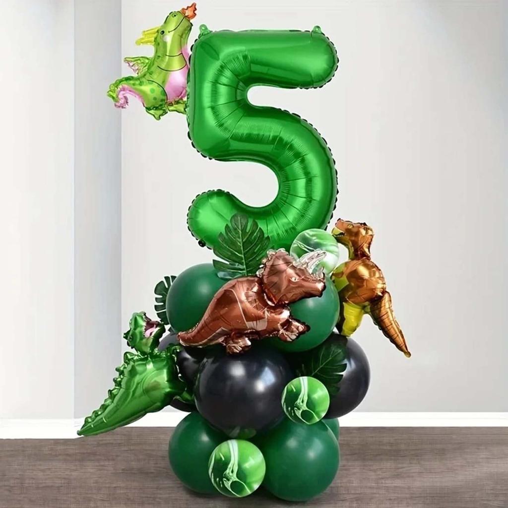 25 Stück grünes Dschungel-Dinosaurier-Digitalset für Jungen-Geburtstagsparty-Dekoration Nummer Ballonsäule Tyrannosaurus rex Feuerdrache