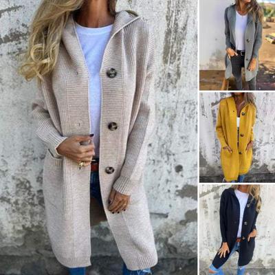 Damen Strickjacke mit Kapuze, langärmelig, einreihig, Pullovermantel mit Taschen, einfarbig, mittellang