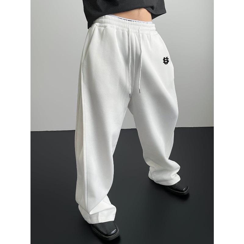 Men's Cross-Border Embroidered Sweatpants: Casual Wide-Leg, Autumn/Winter, Plus Velvet