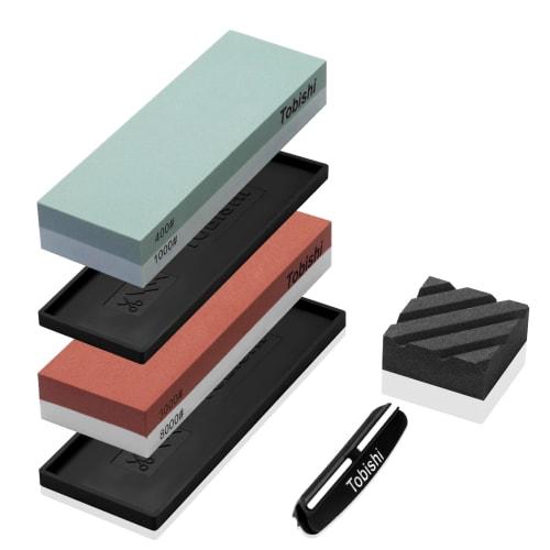 Knife Sharpening Stone Set (400mm, 1000mm, 3000mm, 8000mm), Double-Sided Sharpening, Surface Refining, Rubber Stand, Rough/Medium/Finishing Whetstones