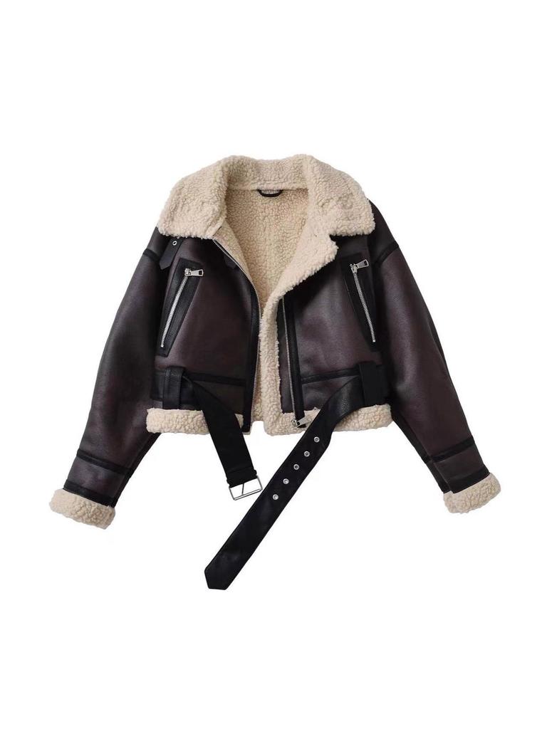 Chaqueta de Moto para Mujer Otoño/Invierno 2025 con Cuello Solapa de Piel Sintética