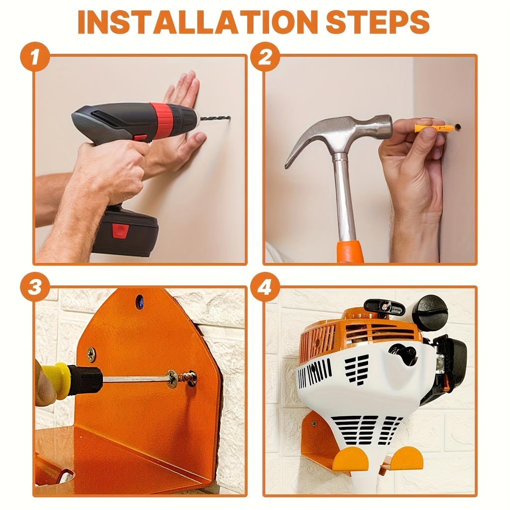 Heavy-Duty Steel Wall-Mounted Organizer Shelf for Lawn & Garden Tools - Easy Install Garage Storage Rack with Orange & Black Design, Holds Trimmers,