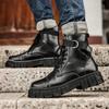High -Top Motorcycle Tooling Boots Mid -Top Leather Boots Winter Plus Velvet Autumn Shoes Solid Color Men Waterproof British Style