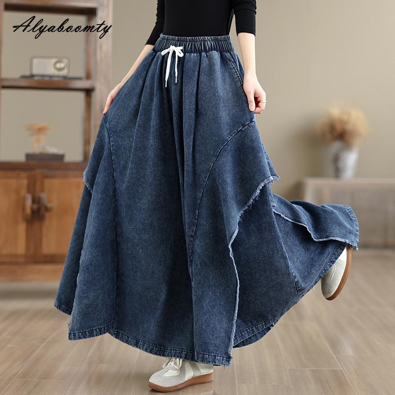 Plus Size Spring Summer Women Wide Leg Jeans High Waist Drawstring Oversized Baggy Denim Culottes Pants Patchwork Stylish Ladies' Trousers