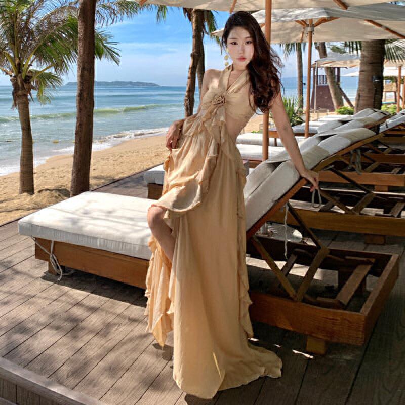 Sexy Strap Ruffle Edge Neck Dress Backless Retro Waist Thin Beach Dress