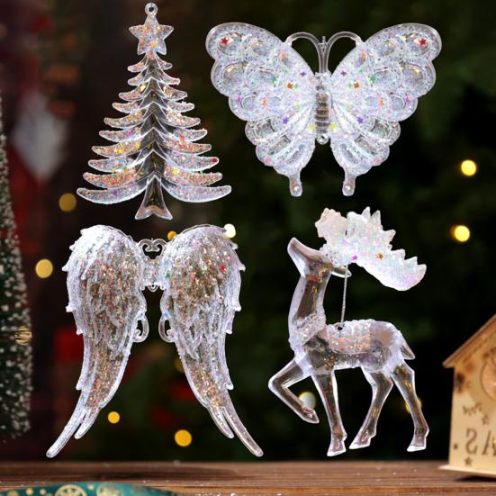 Christmas Clear Acrylic Hanging Ornament Glitter Snowflake Butterfly Reindeer Dancing Girl Tree Angel Wing Key Wreath Xmas Hanging Decoration