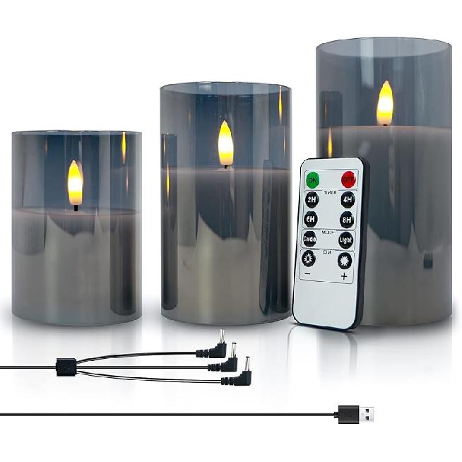 Rechargable Flameless Candles with Timer & Remote Control, Built-in Battery LED Candles, Gray Glass Candles Gift Set, Set of 3 Pillar Flickering