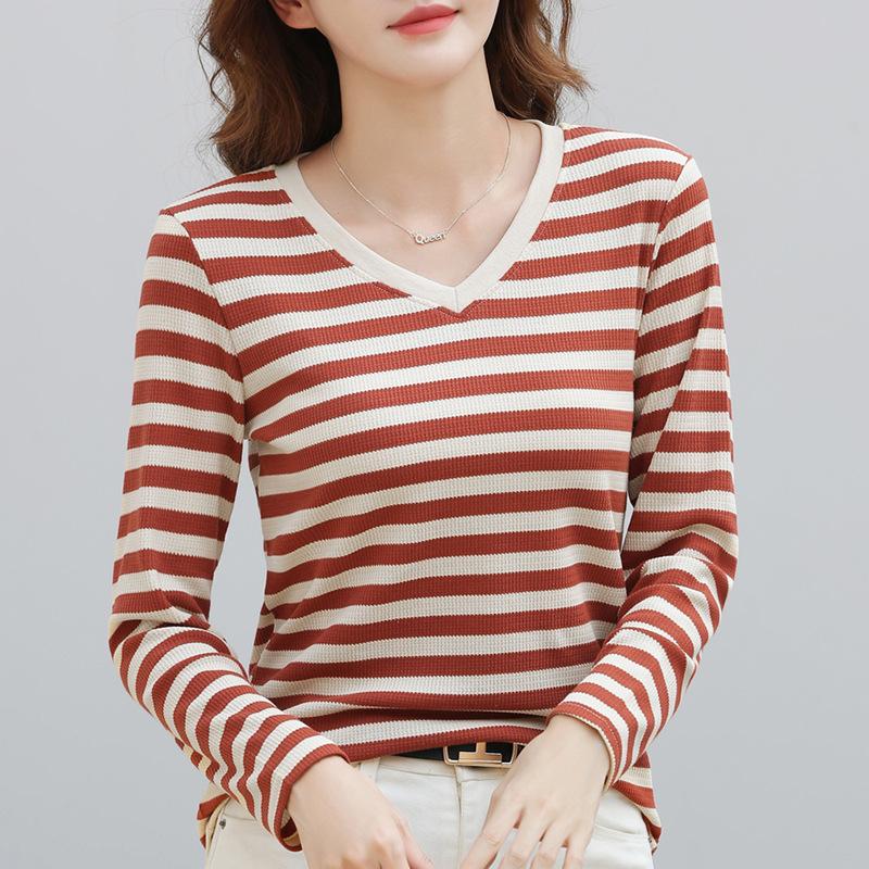 

Весенне-осенняя женская блузка с v-образным вырезом, модный тонкий топ с длинными рукавами в полоску XL кирпич красный