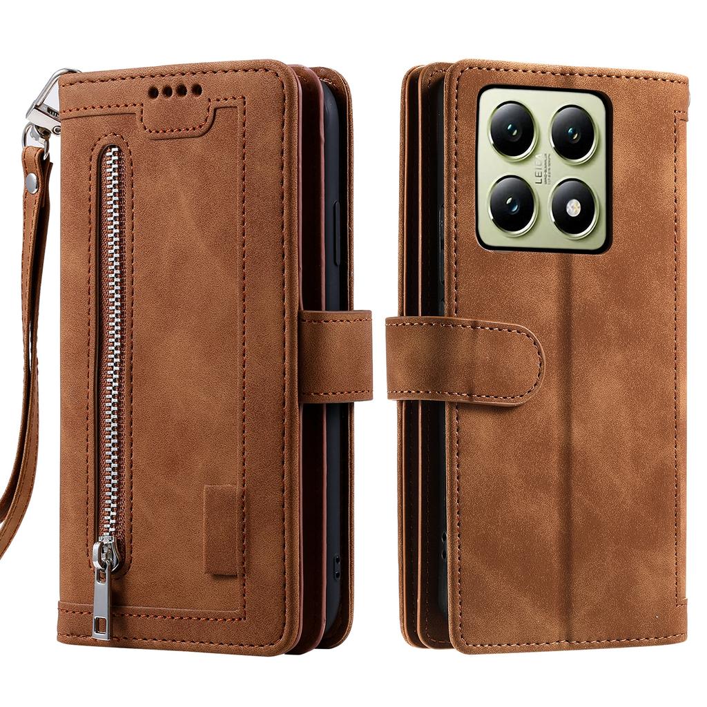 Etui na Xiaomi 14T Pro Pokrowiec na telefon ze skóry PU z portfelem na zamek błyskawiczny 9 przegródek na karty