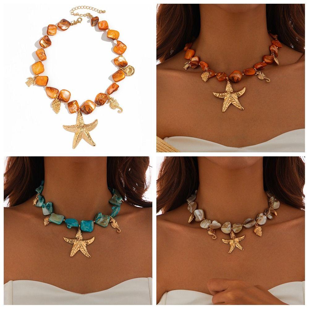 Starfish Conch Pendant Irregular Chain Necklace Bohemian Jewelry  Summer Beach Vacation