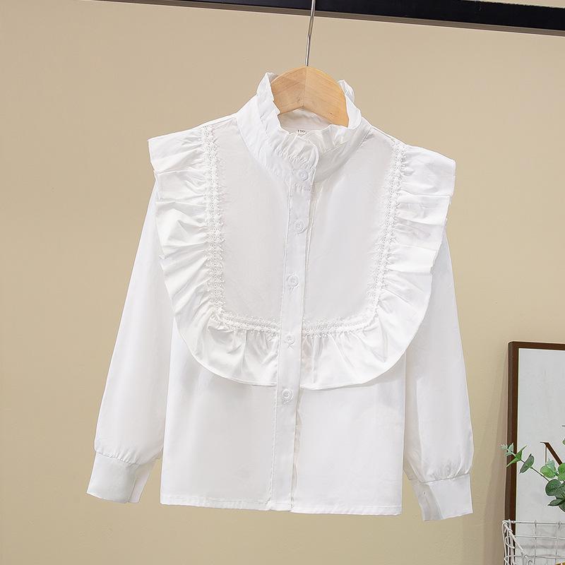 Girls Ruffled Collar Long Sleeve White Blouse Kids Elegant Lapel Button Down Shirt