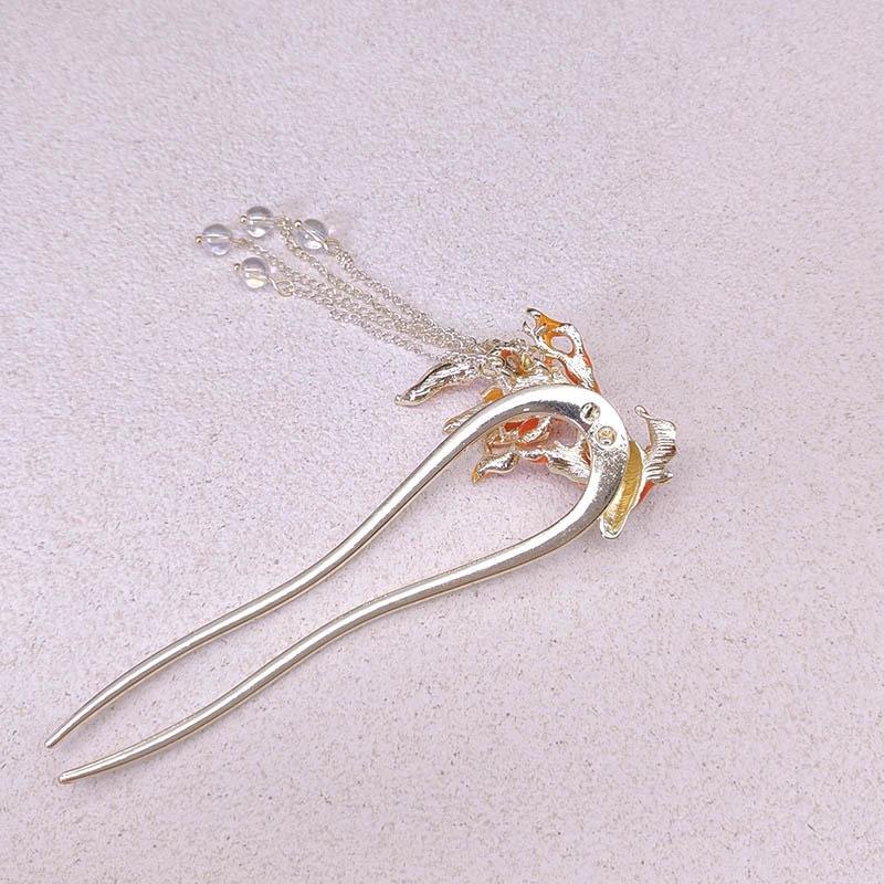U Shape Chinese Style Red Fish Hair Sticks for Women Tassel Beads Hairpin Hanfu Wedding Glitter Jewelry Hair Accessories