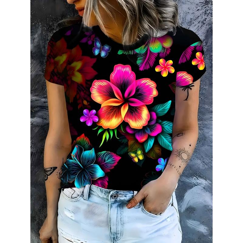 Summer Round Neck Women's T-shirt Fashion 3D Printing Colorful Floral Print Short Sleeve T-shirt Casual Sports Top